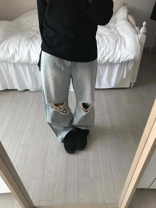 Light Wash Crush Damage Straight Denim Pants