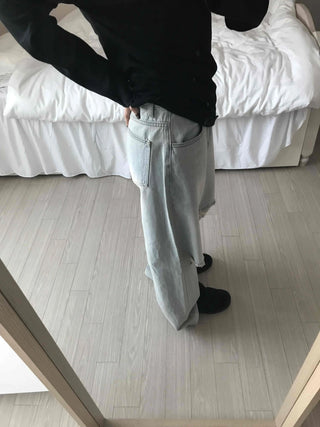 Light Wash Crush Damage Straight Denim Pants