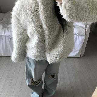 Fluffy Heathered Oversized Collared Short Fur Coat