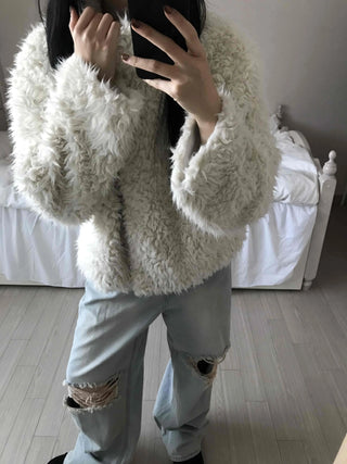 Fluffy Heathered Oversized Collared Short Fur Coat