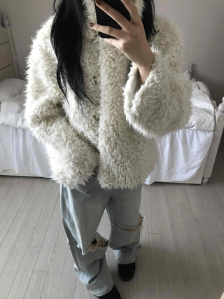 Fluffy Heathered Oversized Collared Short Fur Coat