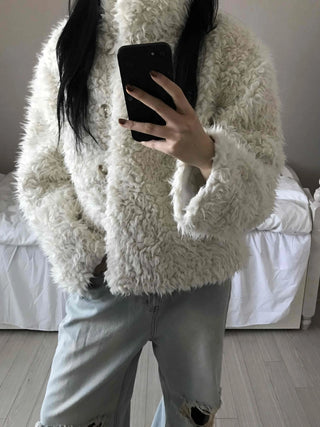 Fluffy Heathered Oversized Collared Short Fur Coat