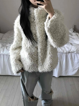 Fluffy Heathered Oversized Collared Short Fur Coat