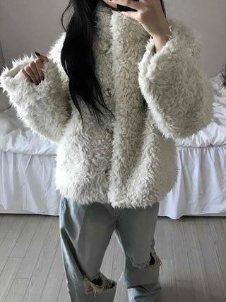 Fluffy Heathered Oversized Collared Short Fur Coat