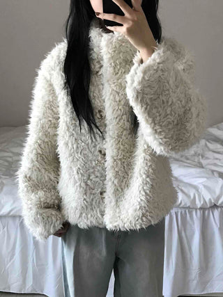 Fluffy Heathered Oversized Collared Short Fur Coat