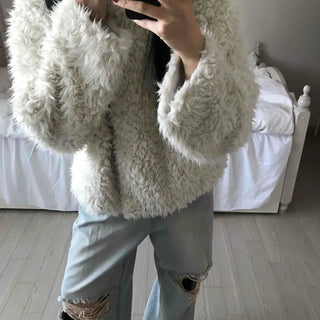 Fluffy Heathered Oversized Collared Short Fur Coat