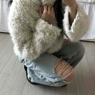 Fluffy Heathered Oversized Collared Short Fur Coat