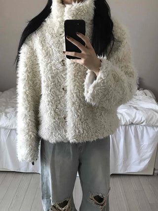 Fluffy Heathered Oversized Collared Short Fur Coat