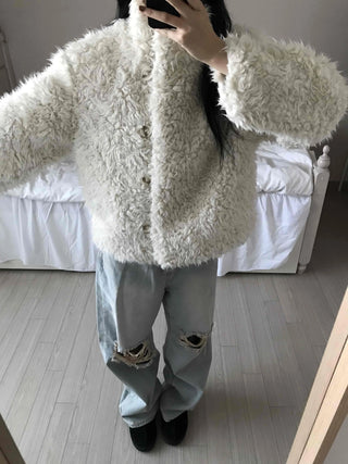 Fluffy Heathered Oversized Collared Short Fur Coat