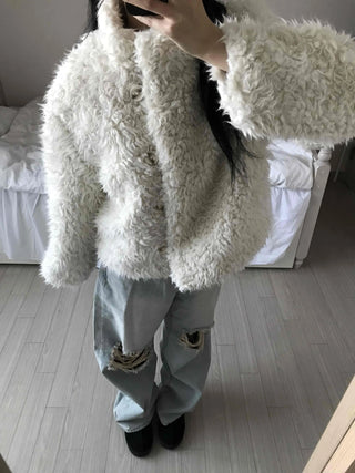 Fluffy Heathered Oversized Collared Short Fur Coat