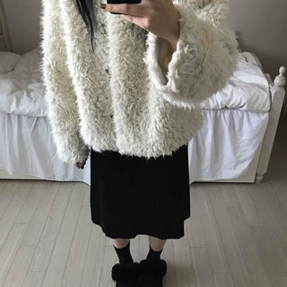 Cozy Fur Oversized Crop Cardigan and Midi Skirt Set