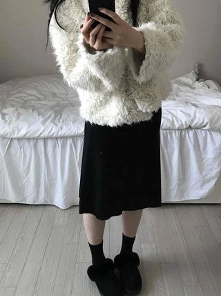 Cozy Fur Oversized Crop Cardigan and Midi Skirt Set