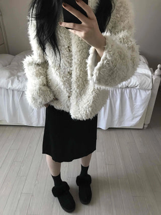 Cozy Fur Oversized Crop Cardigan and Midi Skirt Set