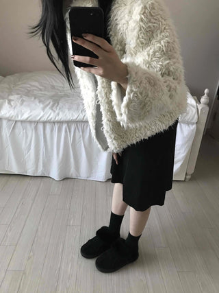 Cozy Fur Oversized Crop Cardigan and Midi Skirt Set