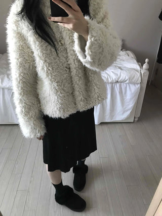 Cozy Fur Oversized Crop Cardigan and Midi Skirt Set