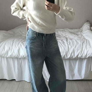 Vintage Washed High-Waisted Wide Denim Pants
