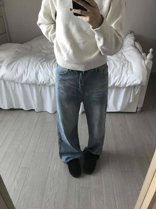 Vintage Washed High-Waisted Wide Denim Pants