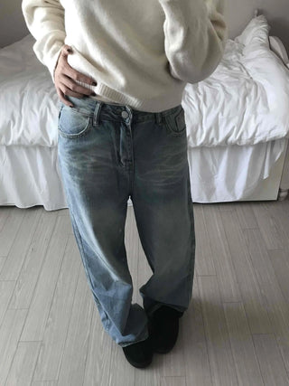 Vintage Washed High-Waisted Wide Denim Pants
