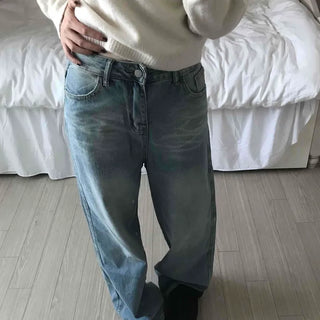 Vintage Washed High-Waisted Wide Denim Pants