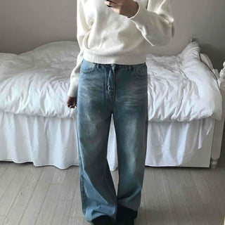 Vintage Washed High-Waisted Wide Denim Pants