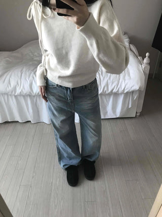 Vintage Washed High-Waisted Wide Denim Pants