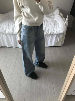 Vintage Washed High-Waisted Wide Denim Pants