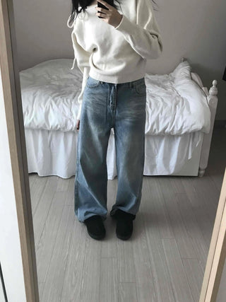 Vintage Washed High-Waisted Wide Denim Pants