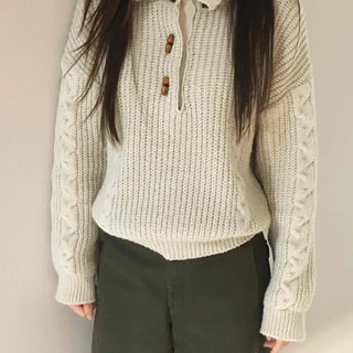 Cable Knit Collar Button Crop Sweater