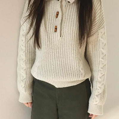 Cable Knit Collar Button Crop Sweater