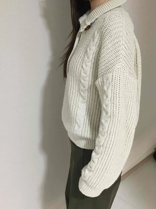 Cable Knit Collar Button Crop Sweater