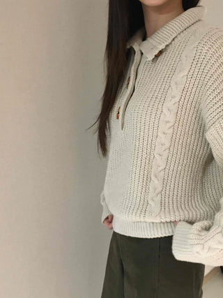 Cable Knit Collar Button Crop Sweater