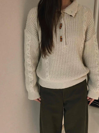Cable Knit Collar Button Crop Sweater
