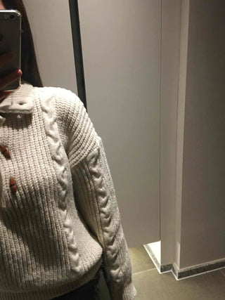 Cable Knit Collar Button Crop Sweater