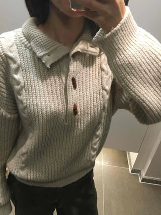 Cable Knit Collar Button Crop Sweater