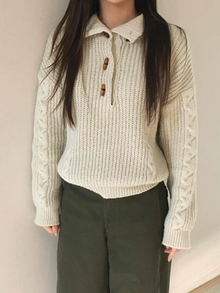 Cable Knit Collar Button Crop Sweater