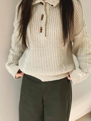 Cable Knit Collar Button Crop Sweater
