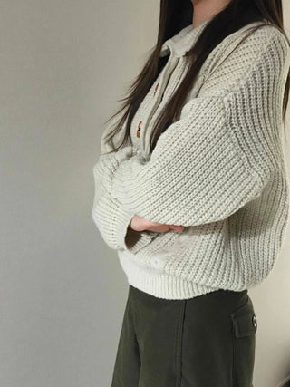 Cable Knit Collar Button Crop Sweater