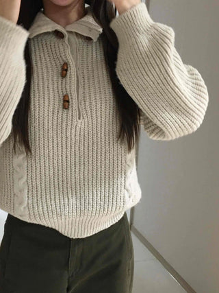 Cable Knit Collar Button Crop Sweater
