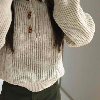 Cable Knit Collar Button Crop Sweater