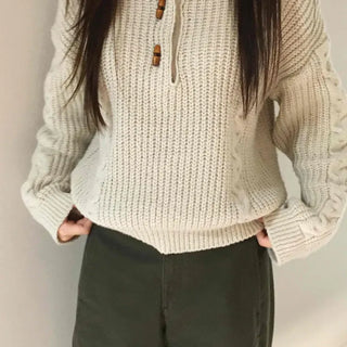 Cable Knit Collar Button Crop Sweater