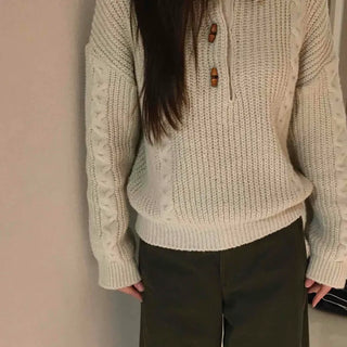 Cable Knit Collar Button Crop Sweater