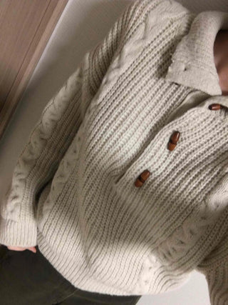 Cable Knit Collar Button Crop Sweater