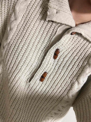 Cable Knit Collar Button Crop Sweater
