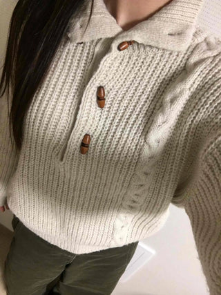 Cable Knit Collar Button Crop Sweater