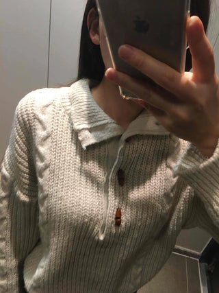 Cable Knit Collar Button Crop Sweater