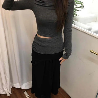 Slim Ribbed High-Neck Layered Cropped Long Sleeve T-Shirt