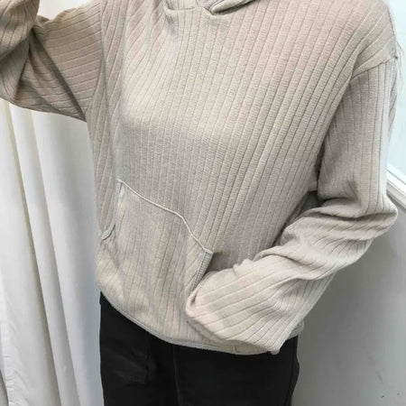 Relaxed Fit Striped Ribbed Short Hoodie