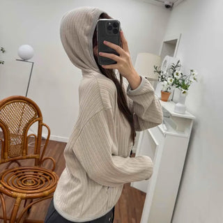 Relaxed Fit Striped Ribbed Short Hoodie