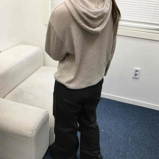 Relaxed Fit Striped Ribbed Short Hoodie