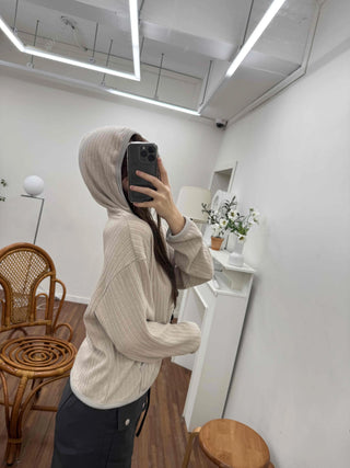 Relaxed Fit Striped Ribbed Short Hoodie